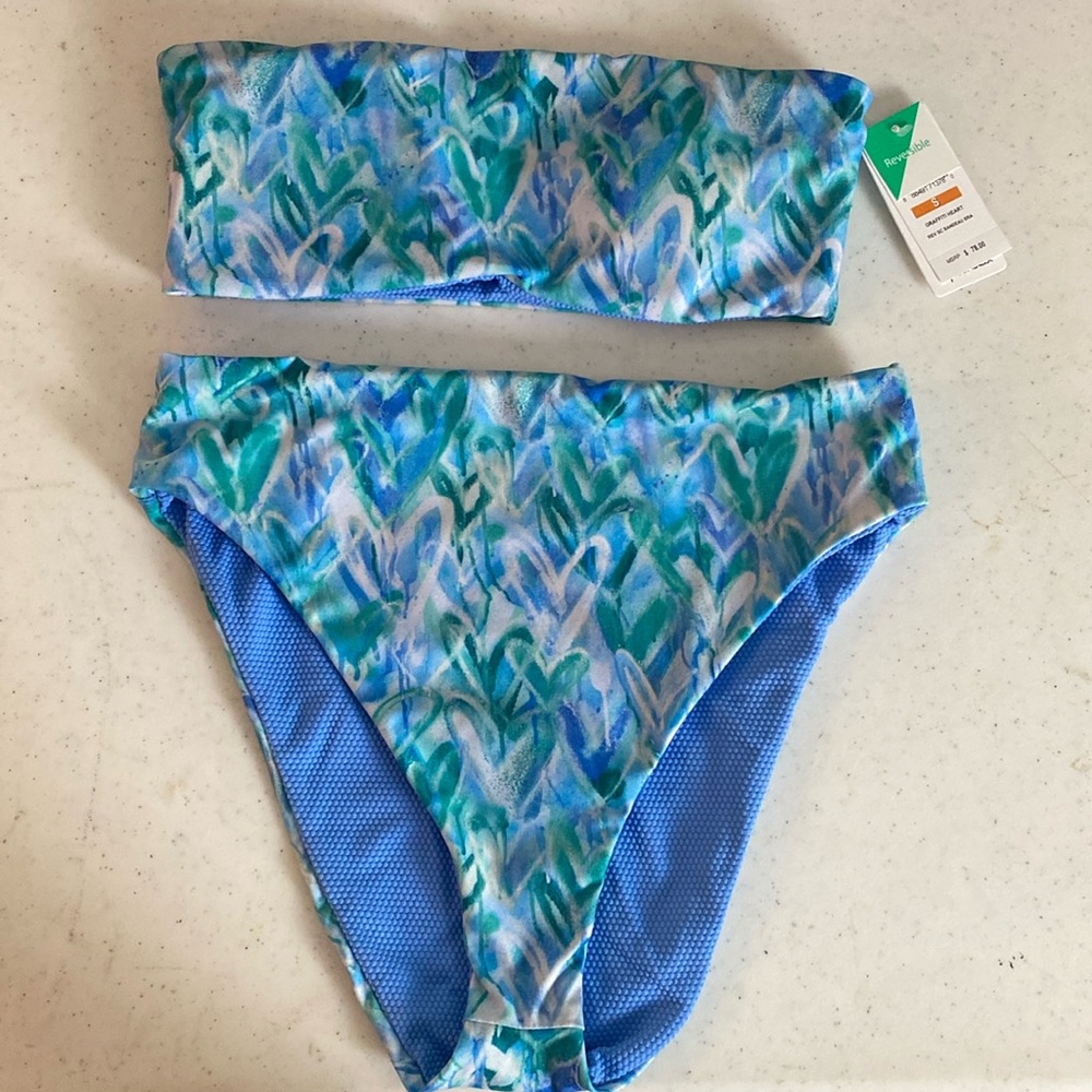Splendid Reversible Graffiti Heart Bandeau Bikini Blue Green size Small